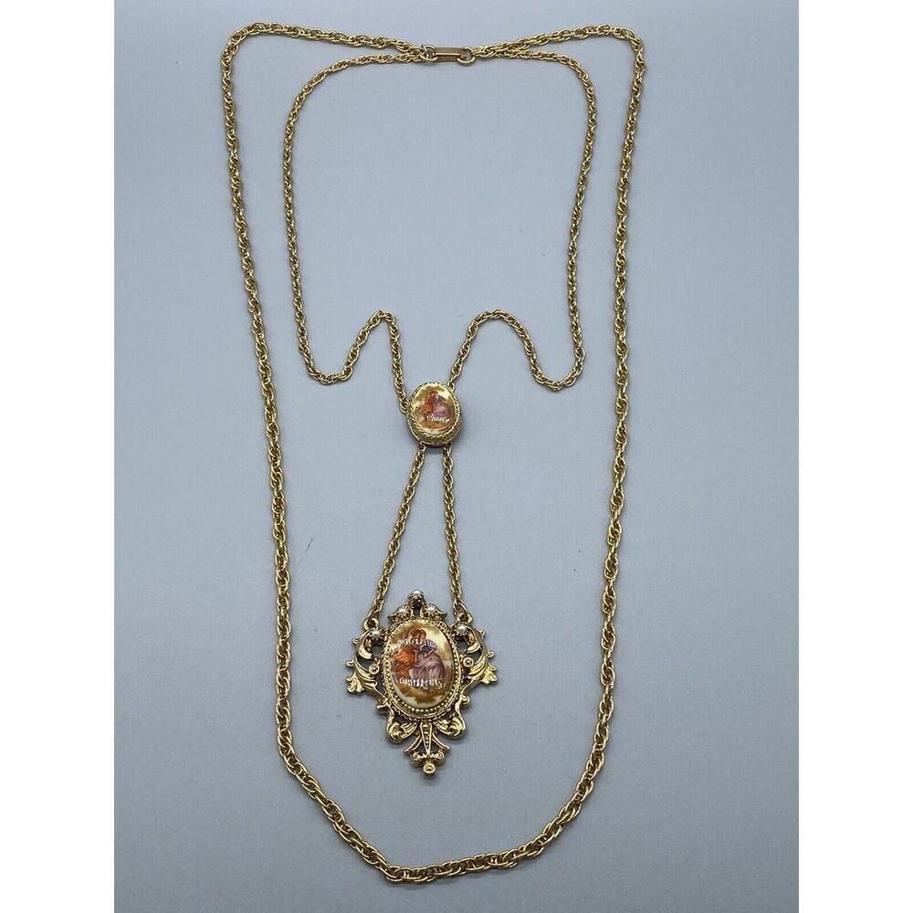 Renaissance Revival Couple Bolo Tie Gold Tone Pearl Double Strand Necklace Rare - Picture 2 of 16
